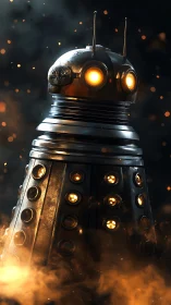 Retro sci fi robot glowing softly in swirling golden mist.