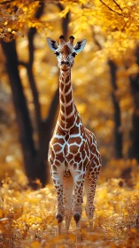 Giraffe standing in warm golden forest clearing at sunset.