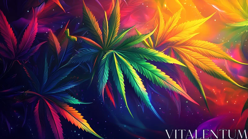 Multicolor cannabis leaves over vivid abstract nebula.