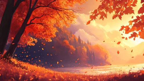 Golden autumn forest glows beside a tranquil mountain lake