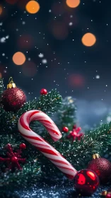 Candy cane rests on snowy fir with red Christmas baubles