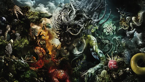 Surreal bioluminescent reef goddess amid chaotic ocean forms.