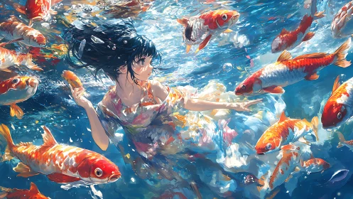 Girl in flowing dress swims underwater among vibrant koi