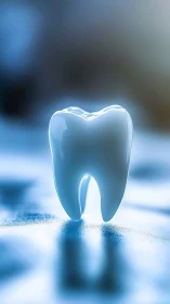 Crystal tooth sculpture under cool clinical blue light.