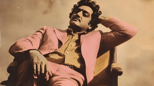 Velvet dreamer reclines in rose suit under sepia skies