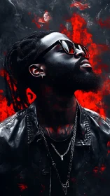 Portrait depicts man in sunglasses against red textured backdrop