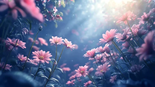 Ethereal Pink Gerbera Daisies: Luminous Garden with Depth of Field Rendering
