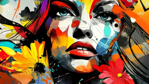 Vivid female portrait explodes with color and floral energy.