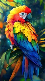 Scarlet macaw on foliage in stylized tropical setting.