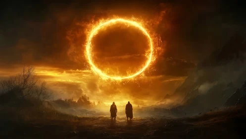 Fiery celestial ring looms above cloaked wanderers at dusk.