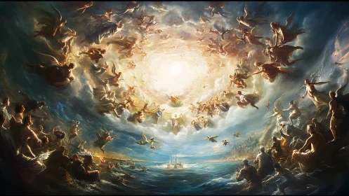 Heavenly host ascends toward a radiant celestial vortex of light