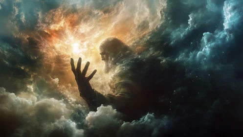 Human figure emerges from illuminated storm cloud formations