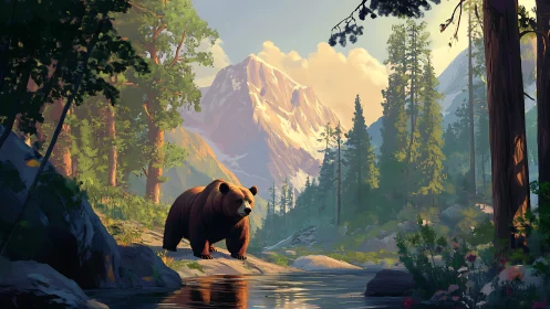 Gentle brown bear wandering through a sunlit mountain forest.