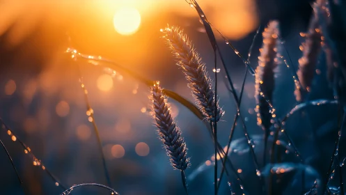 Backlit dew-drenched grasses in shallow-depth optical bokeh field.