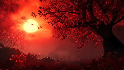 Crimson forest sunset beneath a silhouetted autumn tree.