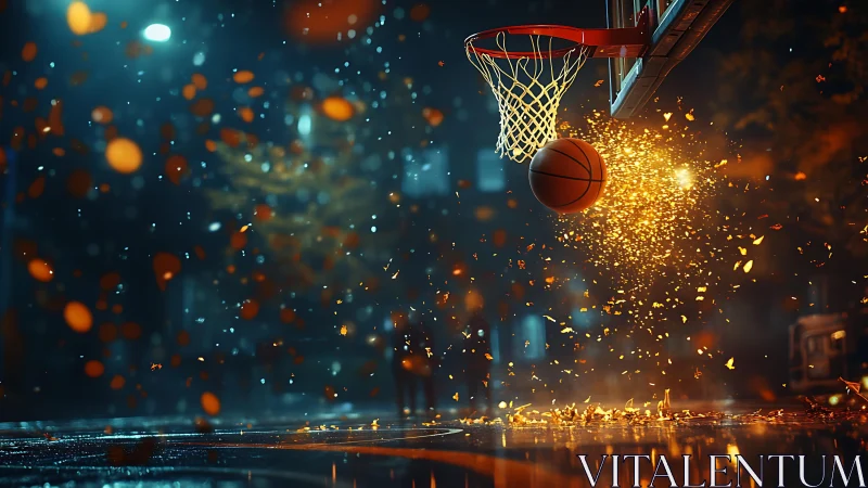 Basketball hits glowing hoop on night street court.