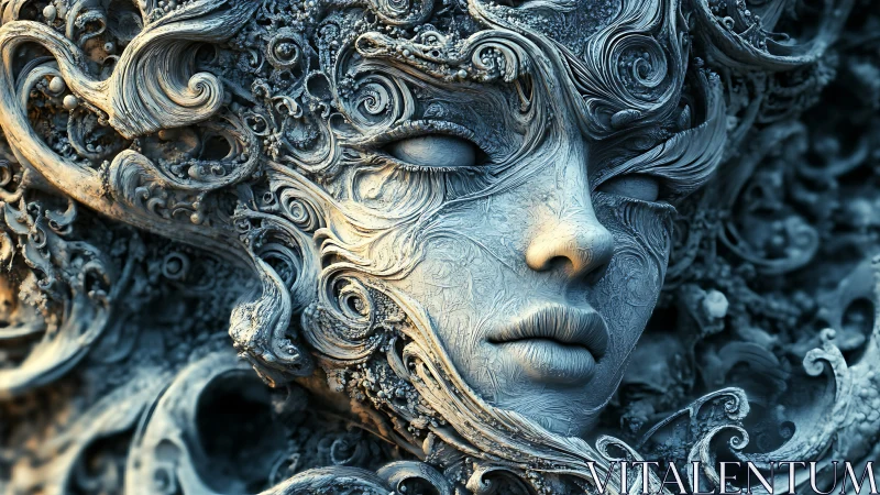 Baroque biomechanical marble visage with swirling filigree shell