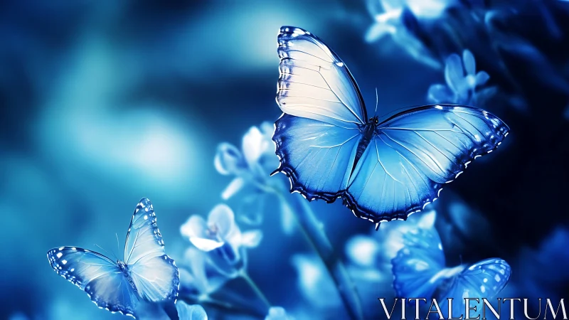 Digital painting of luminous blue butterflies in soft bokeh field.