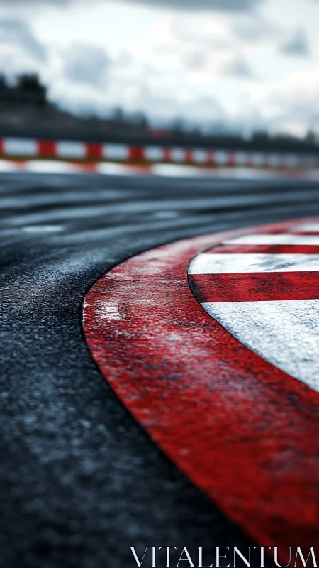 Wet racing circuit apex rendered with cinematic depth of field