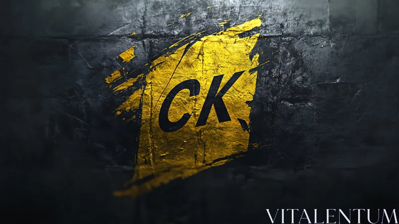 Bold CK monogram slashed in molten gold on gritty wall.