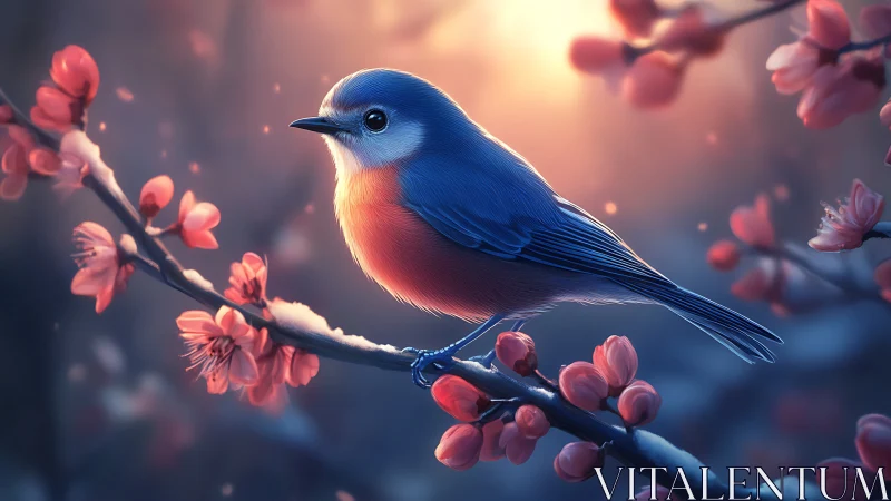 Delicate Blue Bird Rests Among Blooming Pink Cherry Blossoms