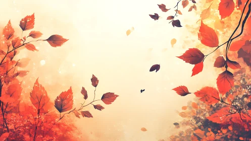 Crimson autumn leaves swirl in a golden twilight hush.