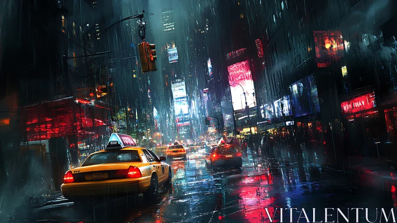 Neon rainstorm drives yellow taxis through electric midnight.