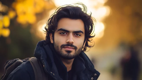 Young man outdoors in soft autumn golden hour light.