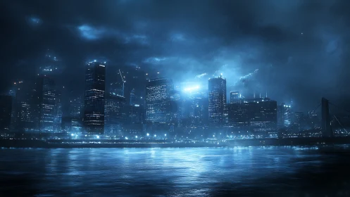 Nocturnal rain-soaked megacity skyline with neon blue haze