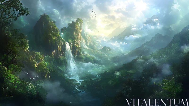 Lush mountain valley with central waterfall under bright sky