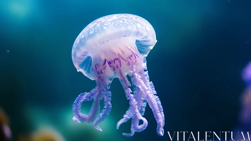 Single translucent jellyfish in blue underwater environment.