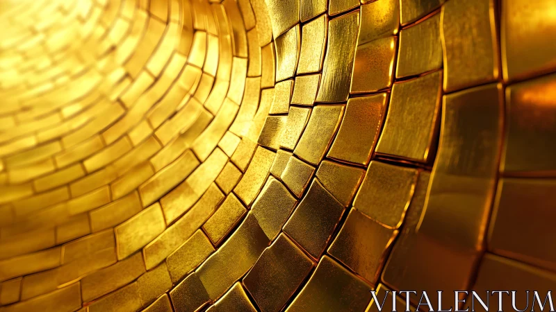 Abstract golden tunnel of curved metallic tiles, glowing design.