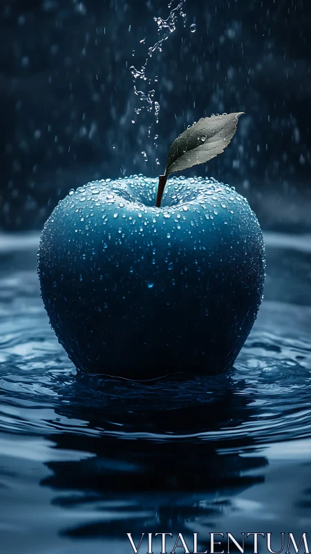 Monochromatic blue apple under falling droplets with specular highlights