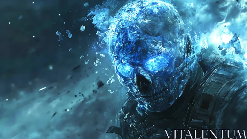 Frozen flame warrior with glowing blue skull and shattered ice.