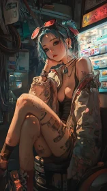 Cyberpunk girl resting in neon lit workshop interior.
