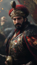 Regal warrior in crimson robes with ornate golden crown.