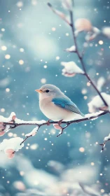 Perched songbird amid crystalline snowfall and bokeh luminescence.