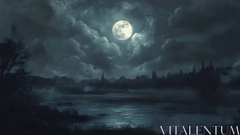 Full moon haunts a misty lakeside beneath looming spires