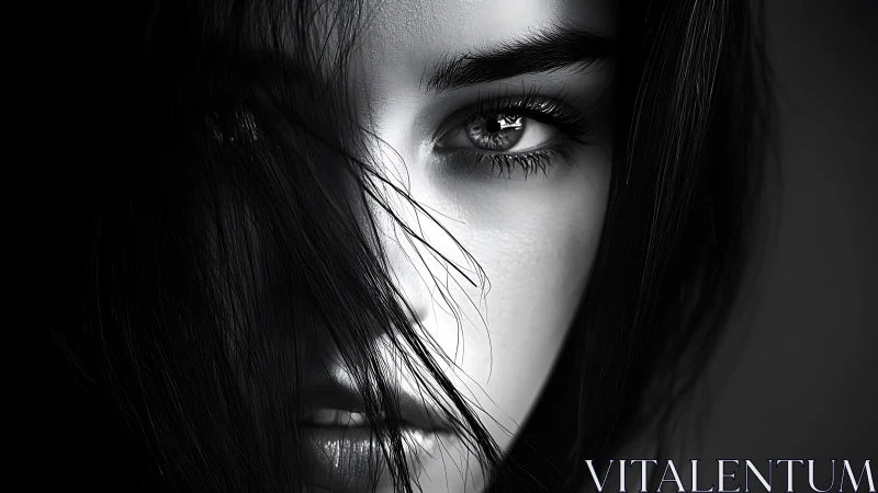 Soft shadows frame a thoughtful gaze in gentle monochrome.