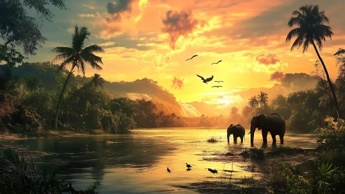Radiant tropical riverine ecosystem with elephants at sundown.