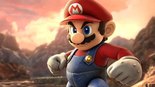 Heroic mustached mascot in dynamic 3D mountain landscape.