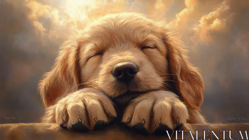 Golden retriever puppy sleeps under glowing cloud light.