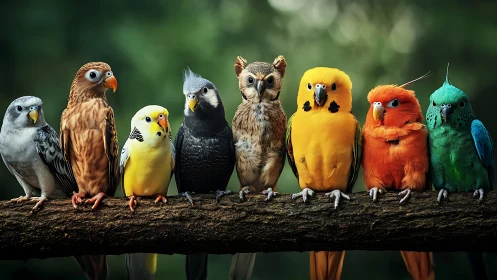 Vibrant Array of Exotic Birds Perched on a Branch, Photorealistic Style.