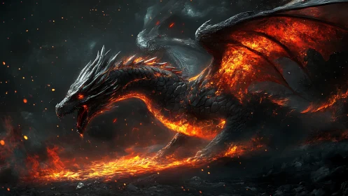 Fiery dragon strides through molten ground in dark landscape