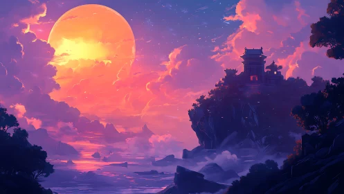 Coastal temple on cliff under oversized setting sun.