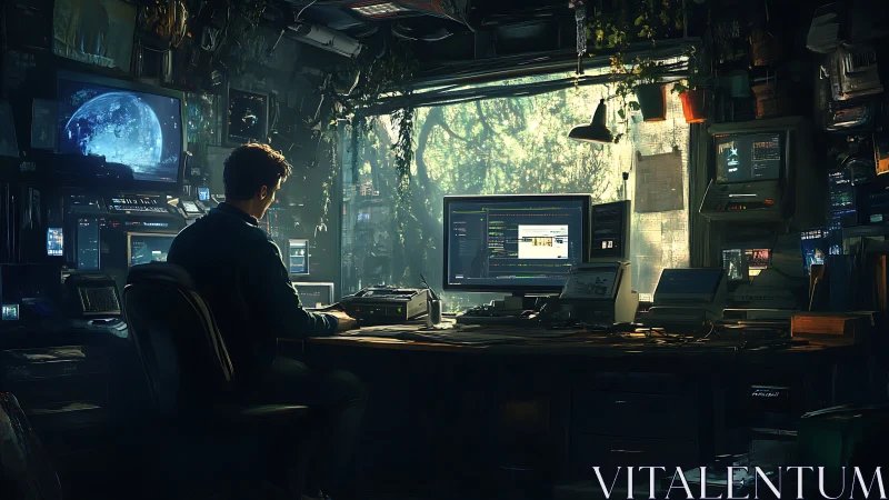 Late-night coder finds calm focus in a forest-lit workspace