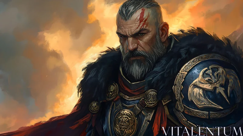 Armored warrior portrait before dramatic sunset sky.