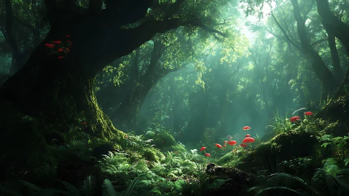 Enchanted Forest Canopy with Luminous Red Mushrooms