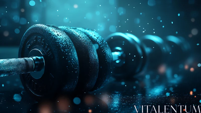 Gleaming dumbbell rests on wet gym floor in blue light.