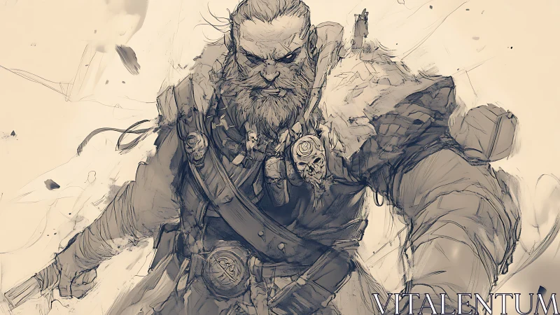 Dynamic ink sketch of battle-hardened fantasy warrior figure.